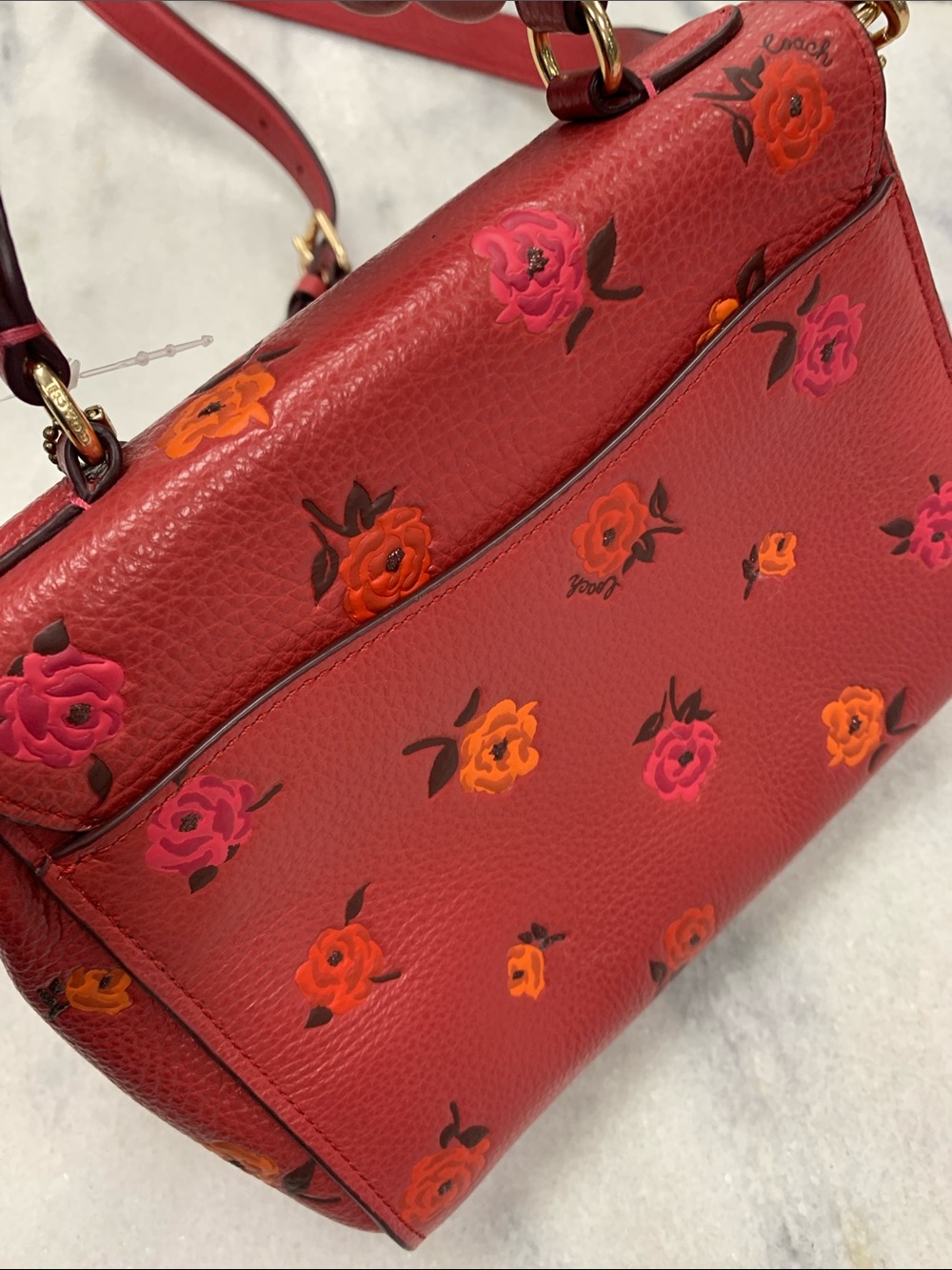 Coach Red Floral Pebbled Leather Crossbody with Gold Hardware - Picture 3 of 9